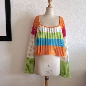Wild Fable Crochet Striped Multi-Colored Square Neck Sweater, Size M